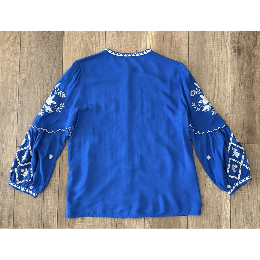 JOHNNY WAS Workshop Sm Blue Embroidered Top 100% Modal Button Up Scallop Sleeve - Picture 9 of 16